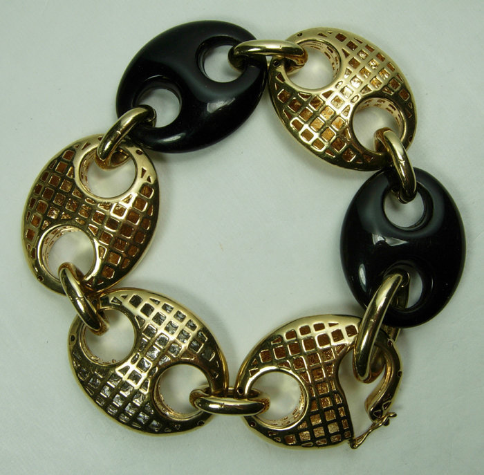 1980s Couture Bracelet Nautical Links Black Gold Strass