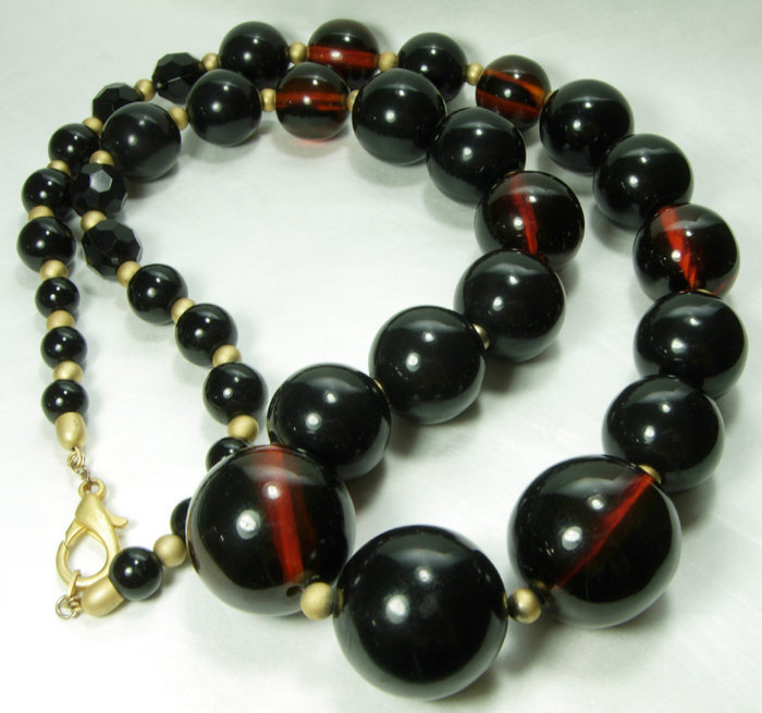 1970s Huge Statement Dark Amber Lucite Matte Goldtone Necklace