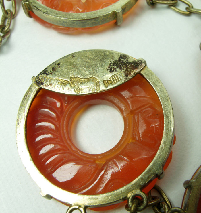 1920s Chinese Art Deco Carved Carnelian Silver Bracelet Bi Discs