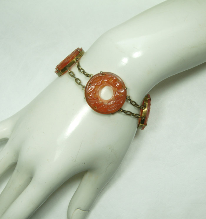 1920s Chinese Art Deco Carved Carnelian Silver Bracelet Bi Discs