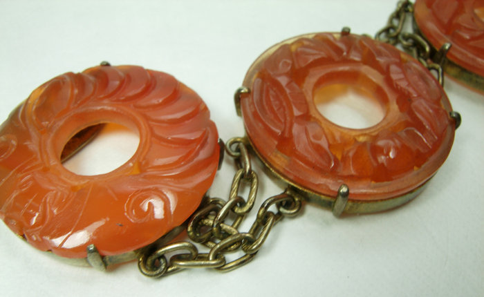 1920s Chinese Art Deco Carved Carnelian Silver Bracelet Bi Discs