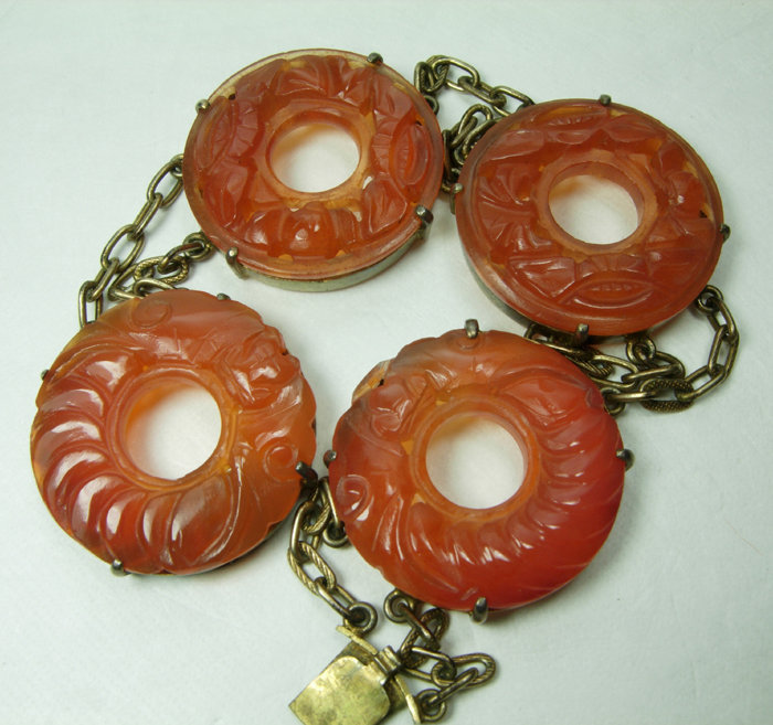 1920s Chinese Art Deco Carved Carnelian Silver Bracelet Bi Discs