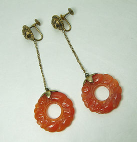 20s Chinese Art Deco Carved Carnelian Bi Disc Silver Earrings Foo Dogs