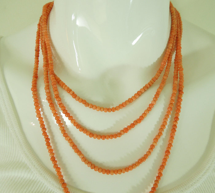 1920s Salmon Angel Skin Coral Bead Necklace Sautoir 78 Inches