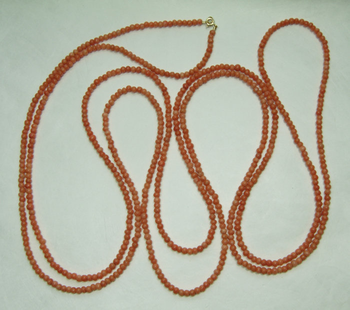 1920s Salmon Angel Skin Coral Bead Necklace Sautoir 78 Inches