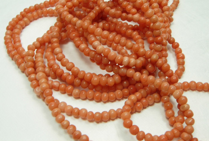 1920s Salmon Angel Skin Coral Bead Necklace Sautoir 78 Inches