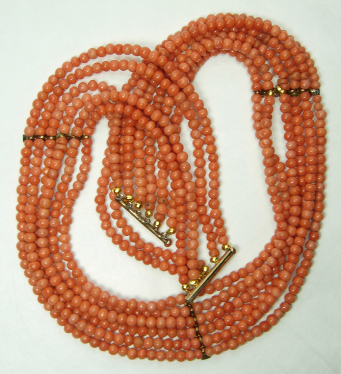 Victorian Salmon Coral Low Karat Gold Six Strand Festoon Necklace