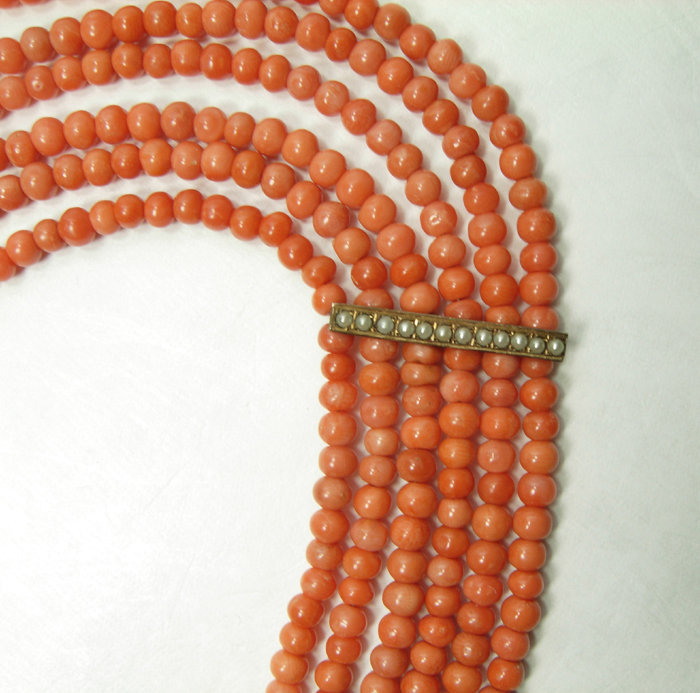 Victorian Salmon Coral Low Karat Gold Six Strand Festoon Necklace