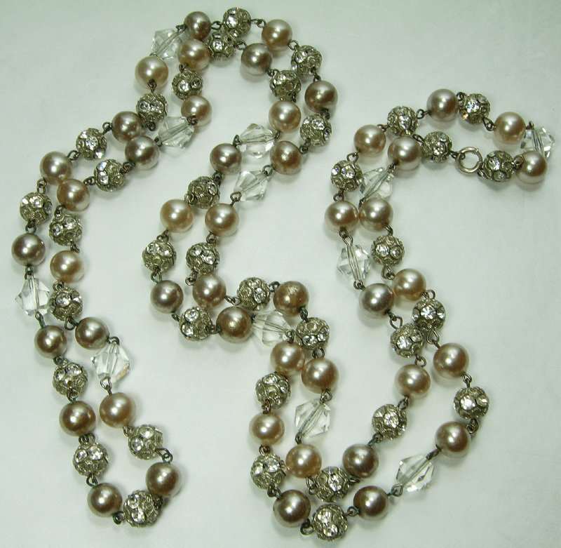 50s French Wired Necklace Glass Pearls Rhinestone Balls 52 Inches