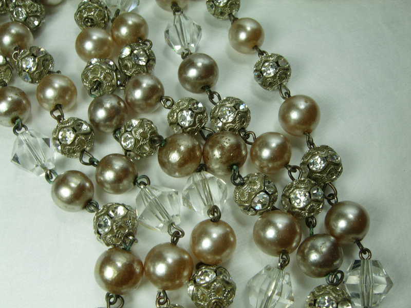 50s French Wired Necklace Glass Pearls Rhinestone Balls 52 Inches
