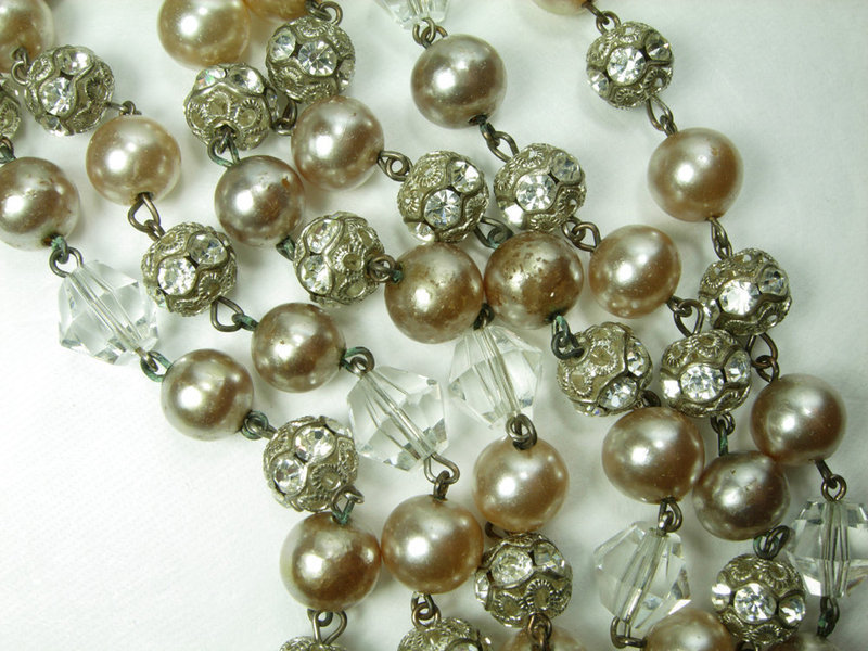 50s French Wired Necklace Glass Pearls Rhinestone Balls 52 Inches