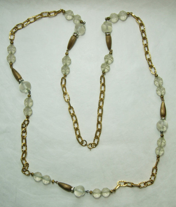 60s French Poured Glass Necklace Sautoir 39.5 Inches Chain Rondelles