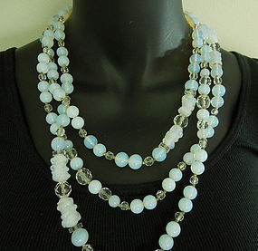 1960 French Opaline Poured Glass 72 Inch Necklace Sautoir Crystal