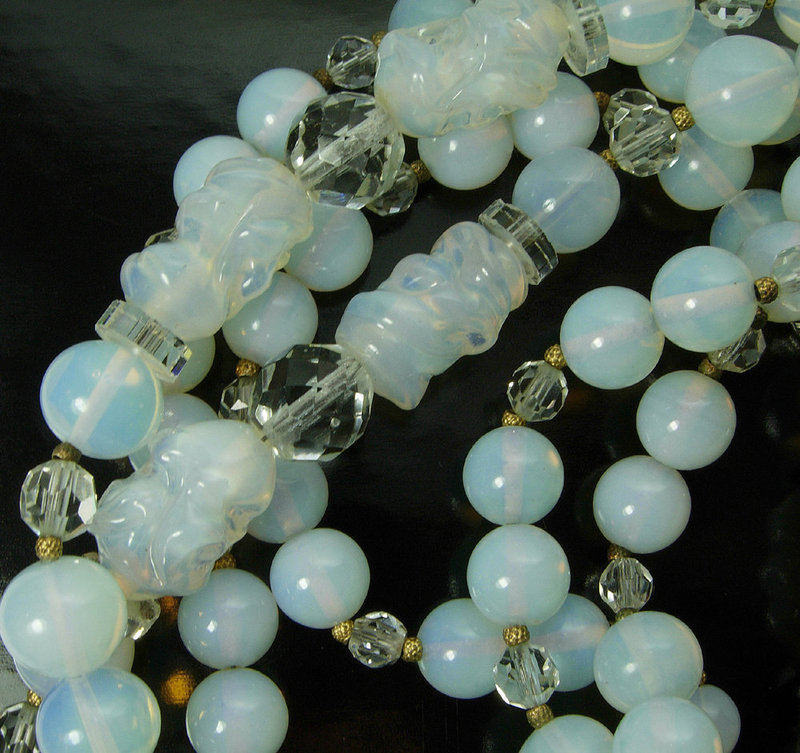 1960 French Opaline Poured Glass 72 Inch Necklace Sautoir Crystal