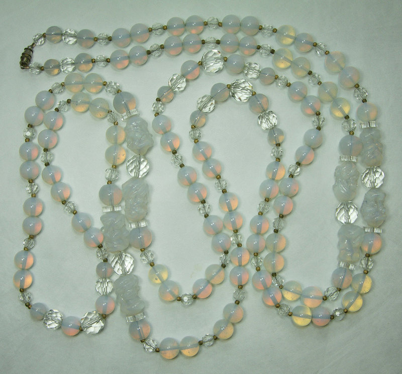 1960 French Opaline Poured Glass 72 Inch Necklace Sautoir Crystal