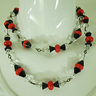 70s French Deco Revival Wired Glass Necklace Crystal Red Black 38 In.