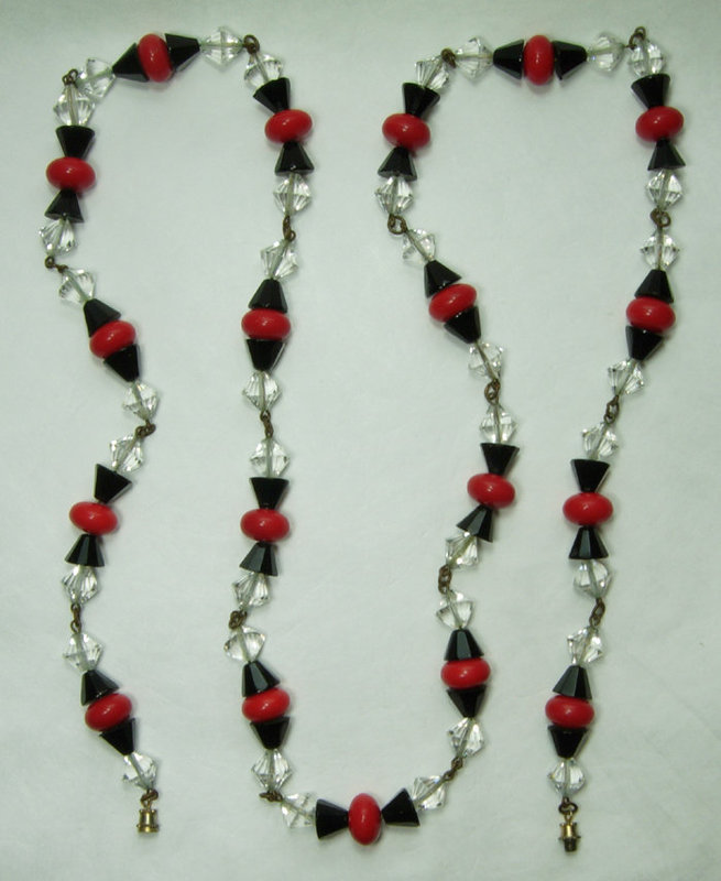 70s French Deco Revival Wired Glass Necklace Crystal Red Black 38 In.