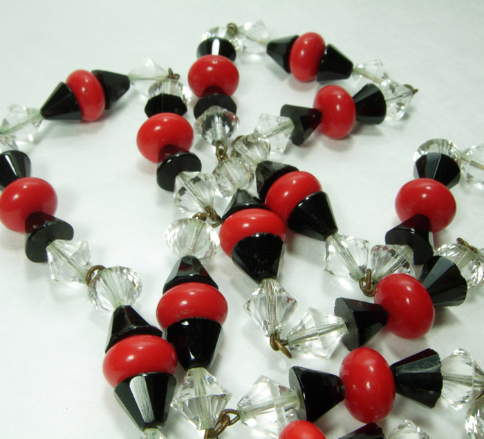 70s French Deco Revival Wired Glass Necklace Crystal Red Black 38 In.