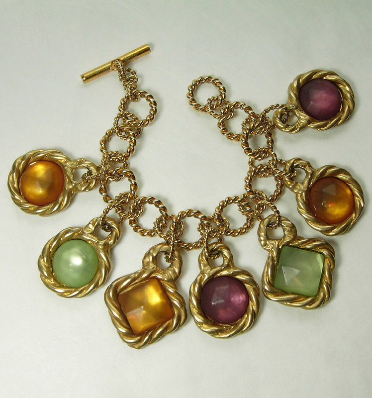 1980s Rodier Paris Charm Bracelet Poured Resin Green Amber Purple