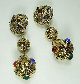 1970s Renaissance Style Jeweled Runway Earrings Gem Craft