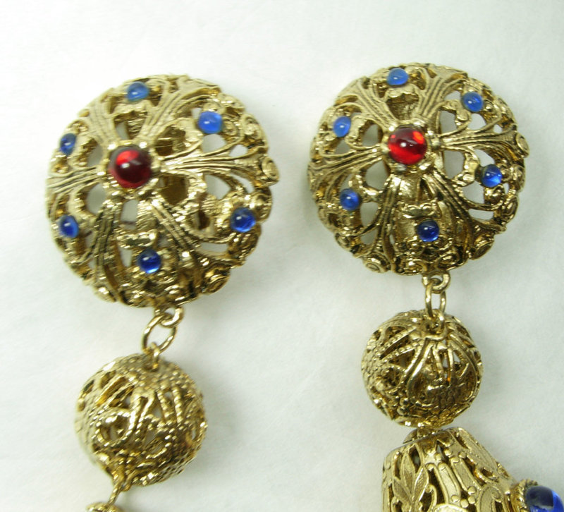1970s Renaissance Style Jeweled Runway Earrings Gem Craft