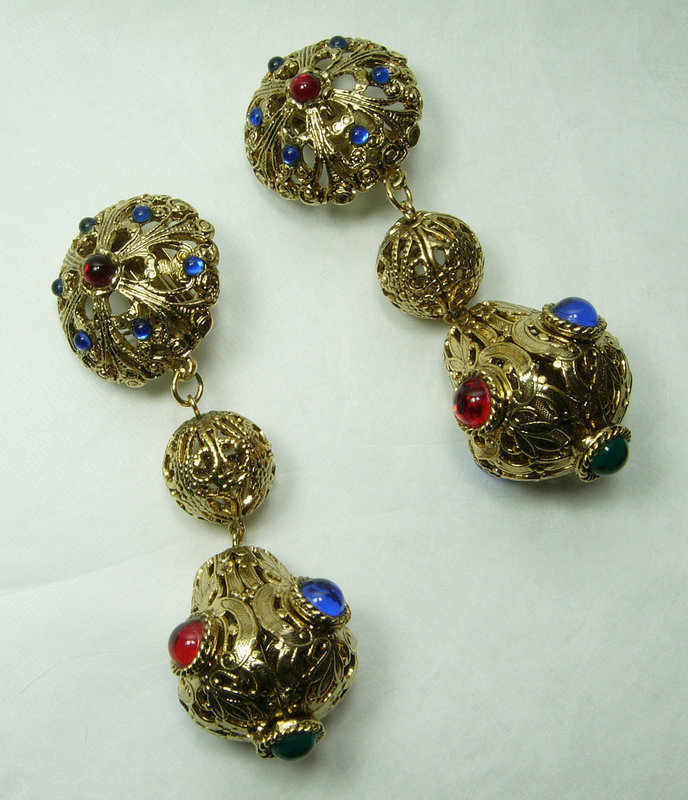 1970s Renaissance Style Jeweled Runway Earrings Gem Craft