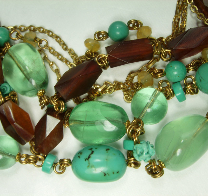 Stephen Dweck Chinese Carved Turquoise Flourite Bronze Necklace