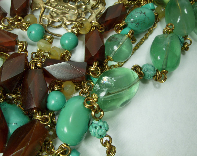 Stephen Dweck Chinese Carved Turquoise Flourite Bronze Necklace