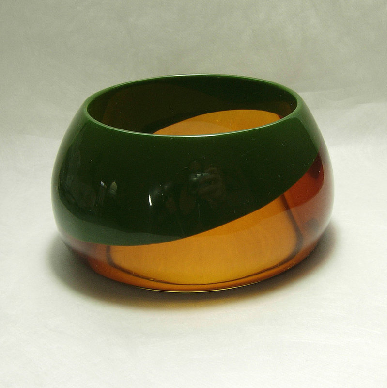1980s French Couture Modernist Lucite Bracelet Laminated Green Honey