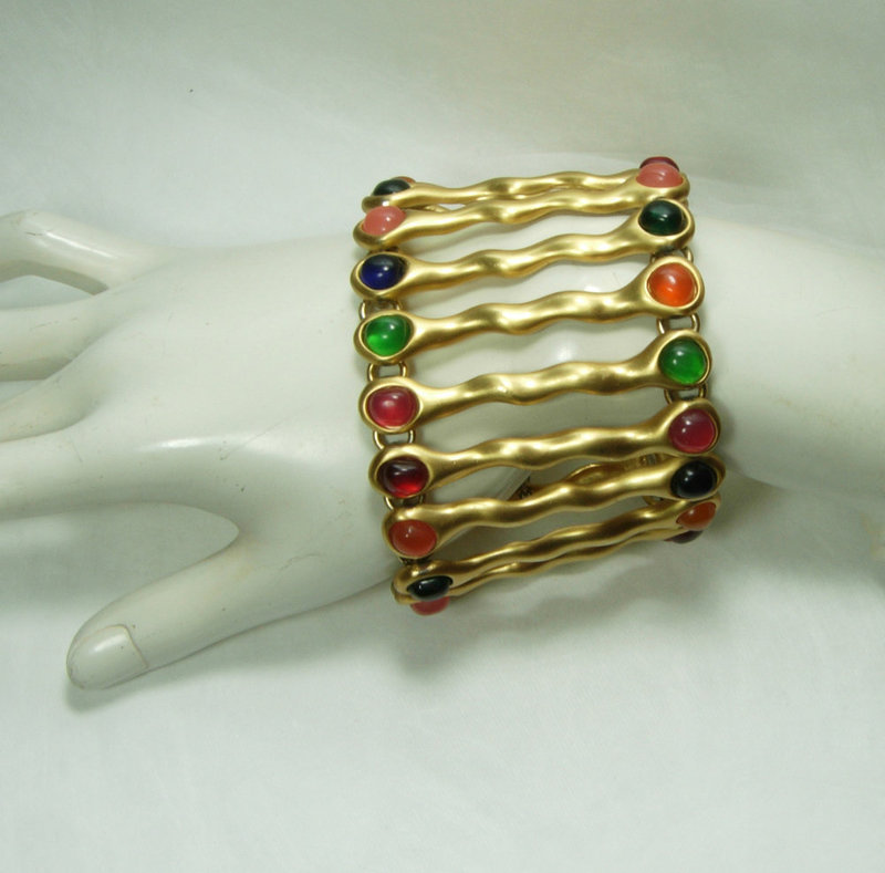1980s French Huge Runway Modernist Bracelet Poured Resin Jewel Tones