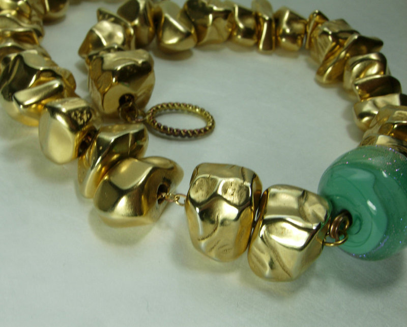1980s French Modernist Necklace Aqua Poured Glass Wired Bead