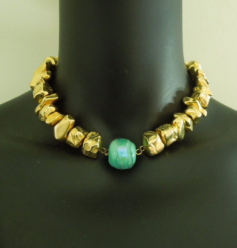 1980s French Modernist Necklace Aqua Poured Glass Wired Bead