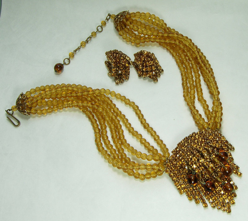 1960s French Topaz Stones Glass Necklace Earrings Set
