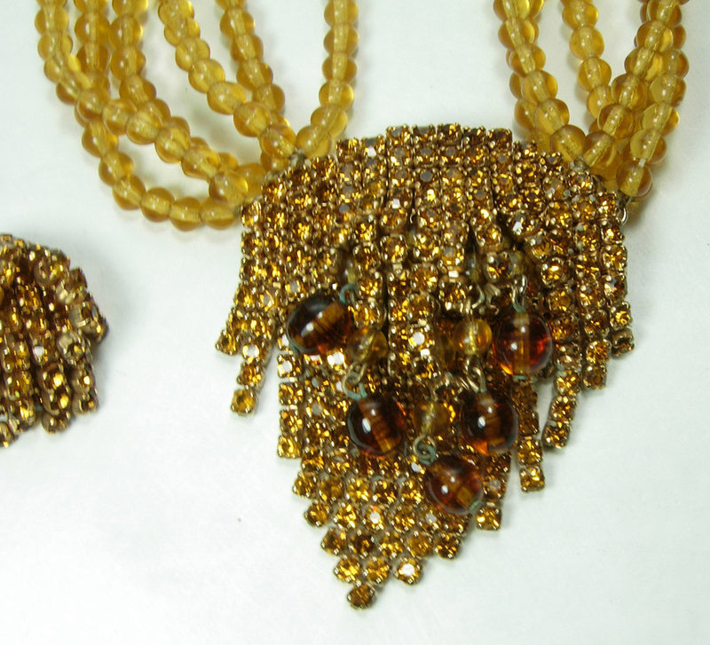 1960s French Topaz Stones Glass Necklace Earrings Set