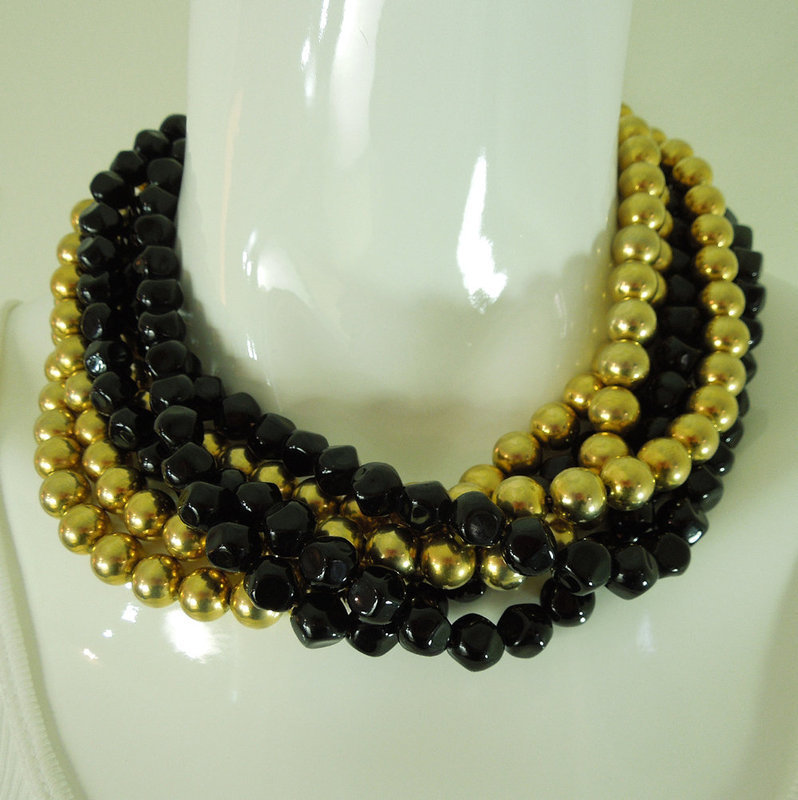 1970s Anne Klein Couture Black Glass Goldtone Necklace Statement Size