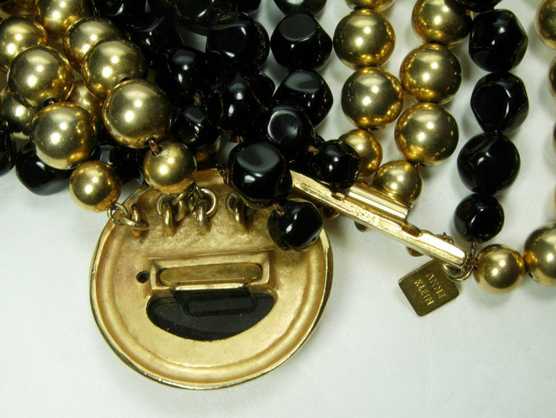 1970s Anne Klein Couture Black Glass Goldtone Necklace Statement Size