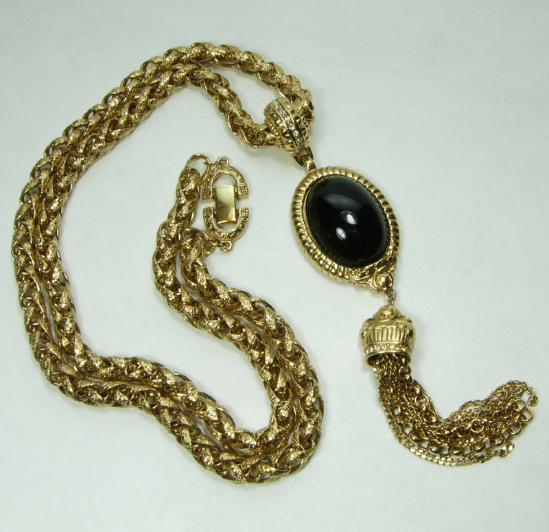 1970s Givenchy Runway Necklace Black Glass Pendant Byzantine Style