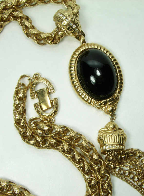 1970s Givenchy Runway Necklace Black Glass Pendant Byzantine Style