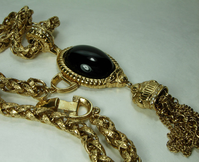 1970s Givenchy Runway Necklace Black Glass Pendant Byzantine Style