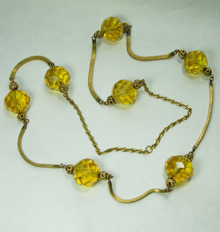 1940s French Necklace Huge Topaz Glass Beads Filigree Snake Chains