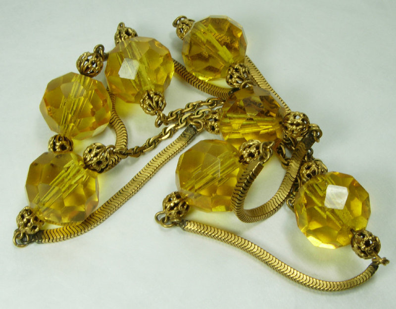 1940s French Necklace Huge Topaz Glass Beads Filigree Snake Chains