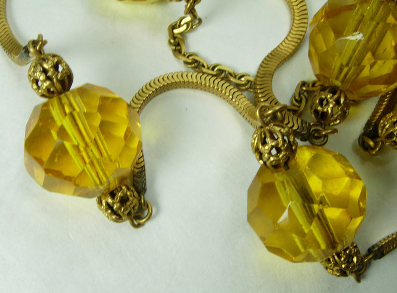 1940s French Necklace Huge Topaz Glass Beads Filigree Snake Chains