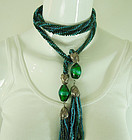 70s Wiener Werkstatte Style Blue Green Poured Glass 47 Inch Necklace