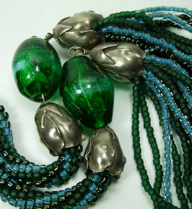 70s Wiener Werkstatte Style Blue Green Poured Glass 47 Inch Necklace