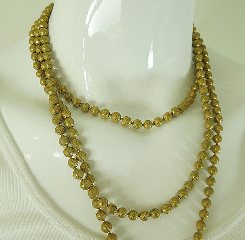 Cascading 1970s French Fluted Bead Chain 58 Inch Necklace