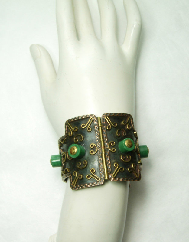 1960s Signed Casa Maya Mexican Copper Brass Hinged Bracelet