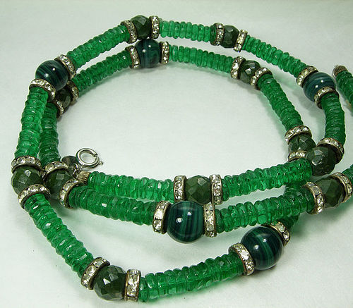 1970s Dubaux Green Poured Glass Necklace French Beads Faux Malachite