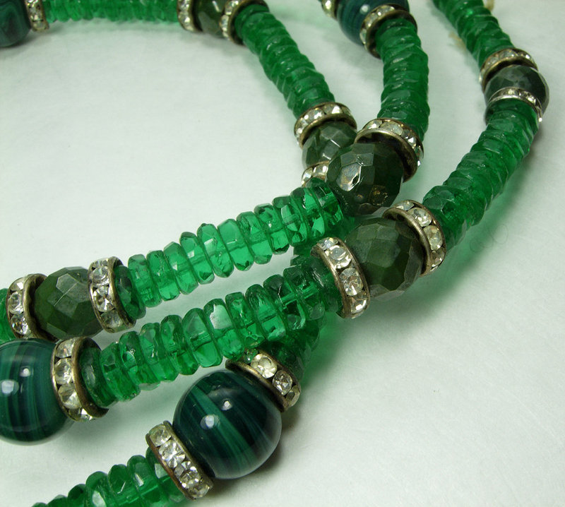 1970s Dubaux Green Poured Glass Necklace French Beads Faux Malachite