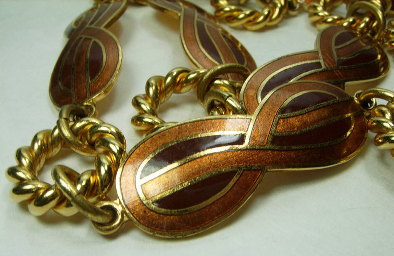 1970s Gucci Italy Cognac Enamel Necklace Belt Modernist 39 Inches