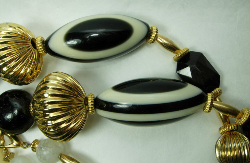1980s French Huge Art Plastic Black White Necklace Earrings Runway
